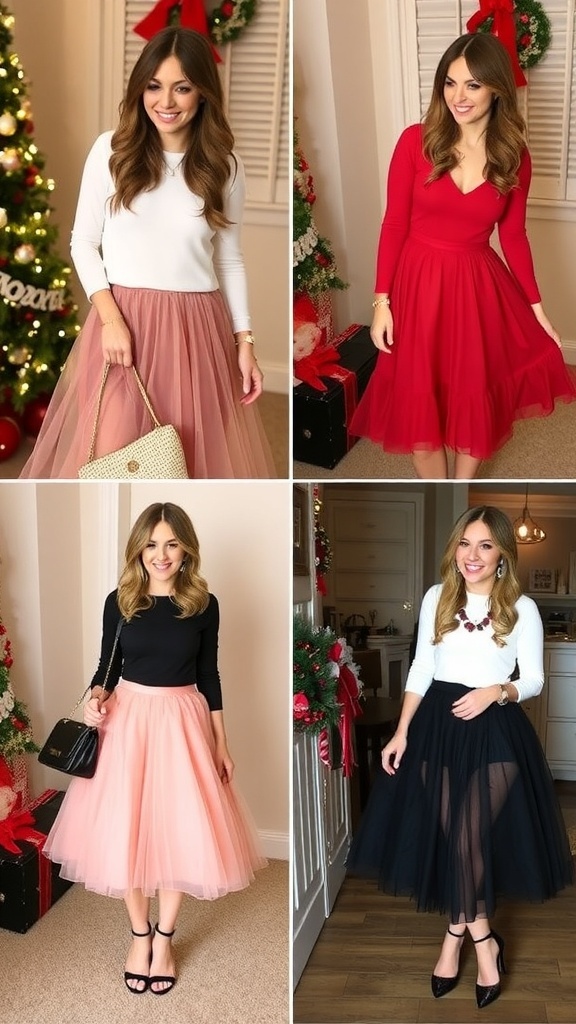 Four elegant Christmas party outfits featuring tulle skirts in various styles and colors.